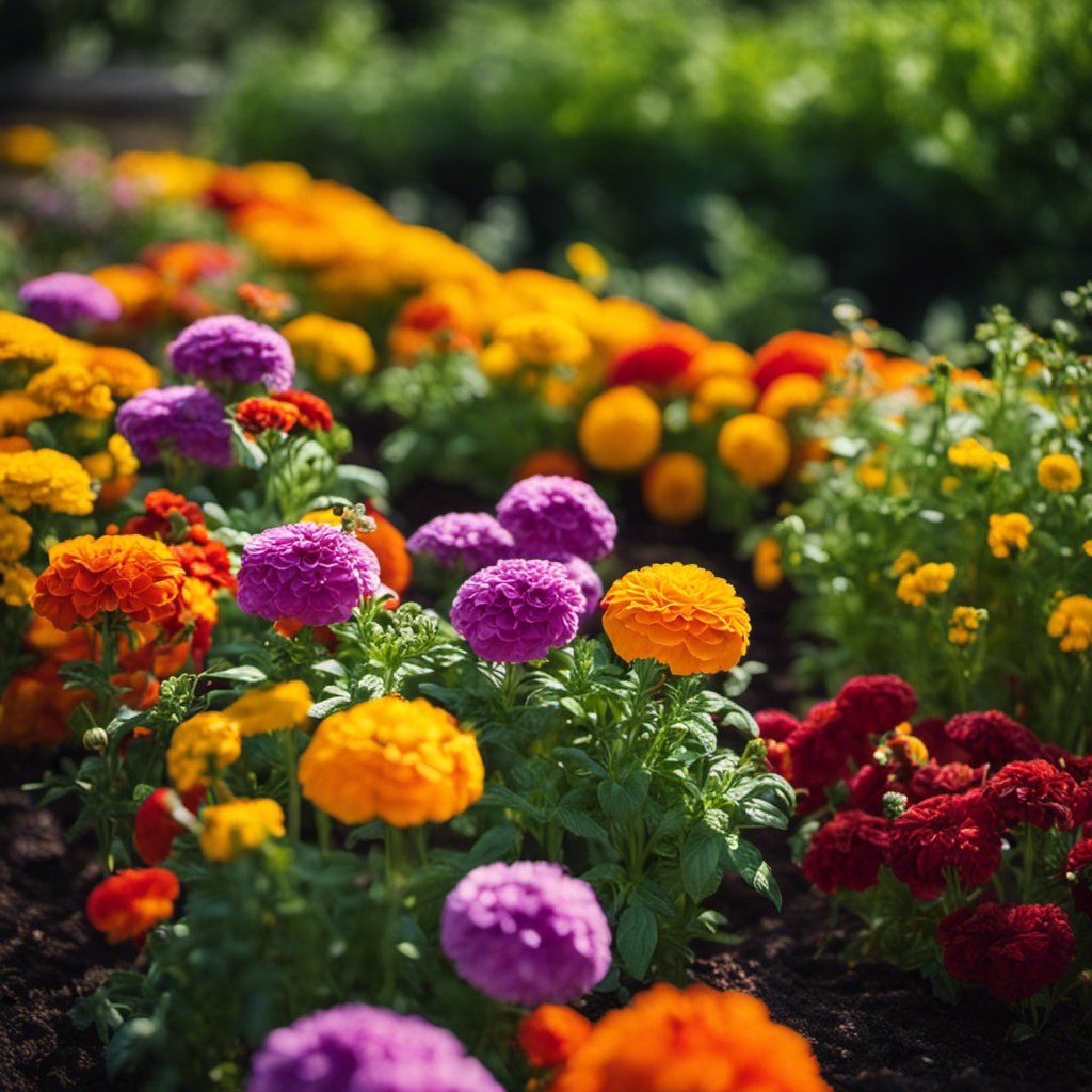 An image showcasing a vibrant garden bed with a strategic arrangement of marigolds, basil, and tomatoes, acting as natural companions against pests