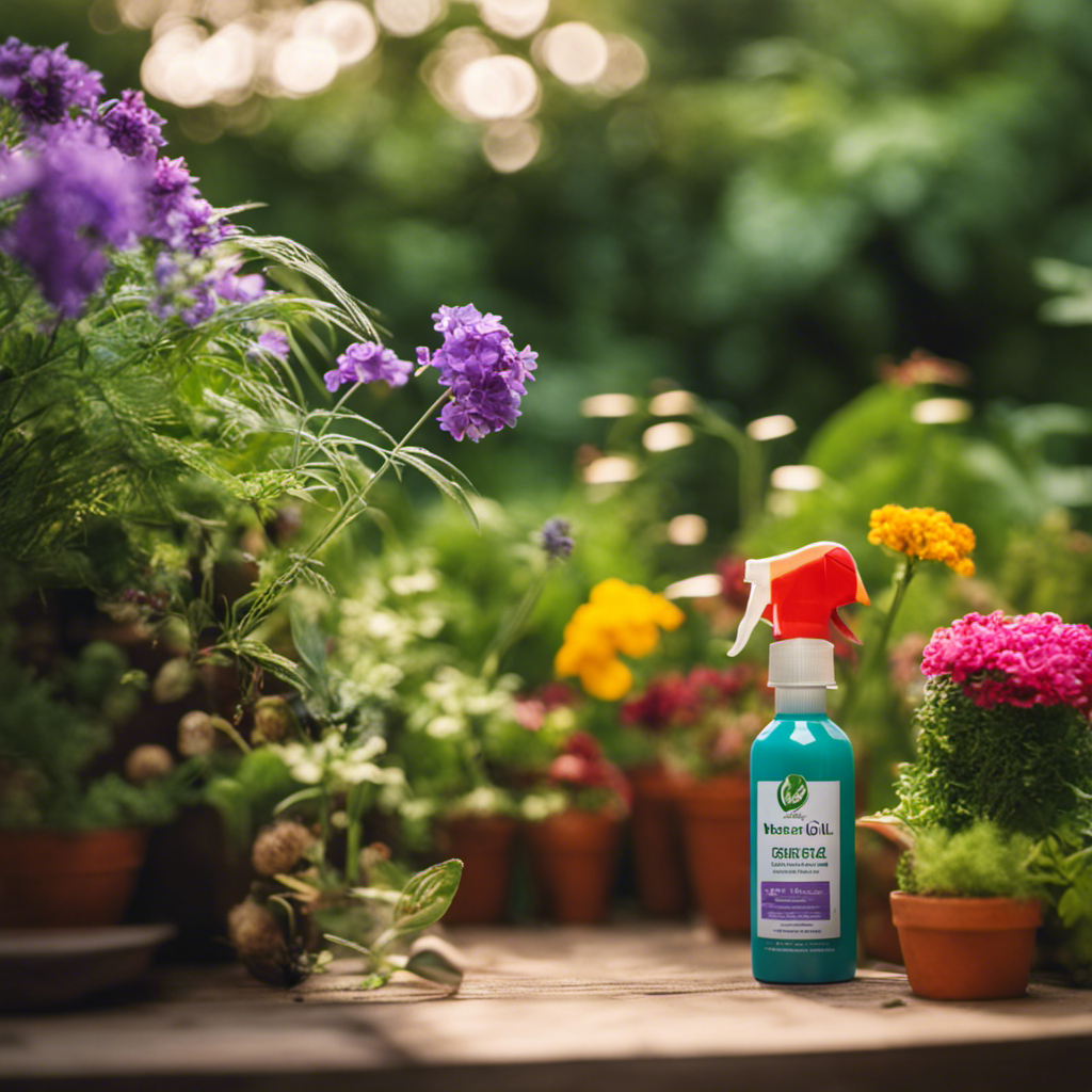 An image showcasing a lush garden with vibrantly colored flowers and healthy plants, surrounded by homemade pest control spray bottles filled with natural ingredients like neem oil, garlic, and vinegar, highlighting the effectiveness of DIY organic pest control