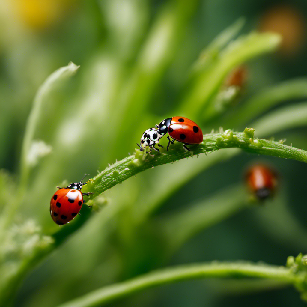 An image depicting a lush garden teeming with life as ladybugs delicately feast on aphids, spiders dangle from webs, and birds swoop down to pluck caterpillars, showcasing the power of natural predators in maintaining thriving gardens