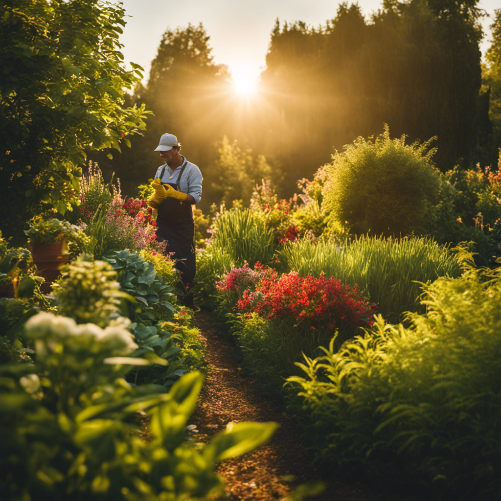 An image showcasing a lush, flourishing garden bathed in golden sunlight