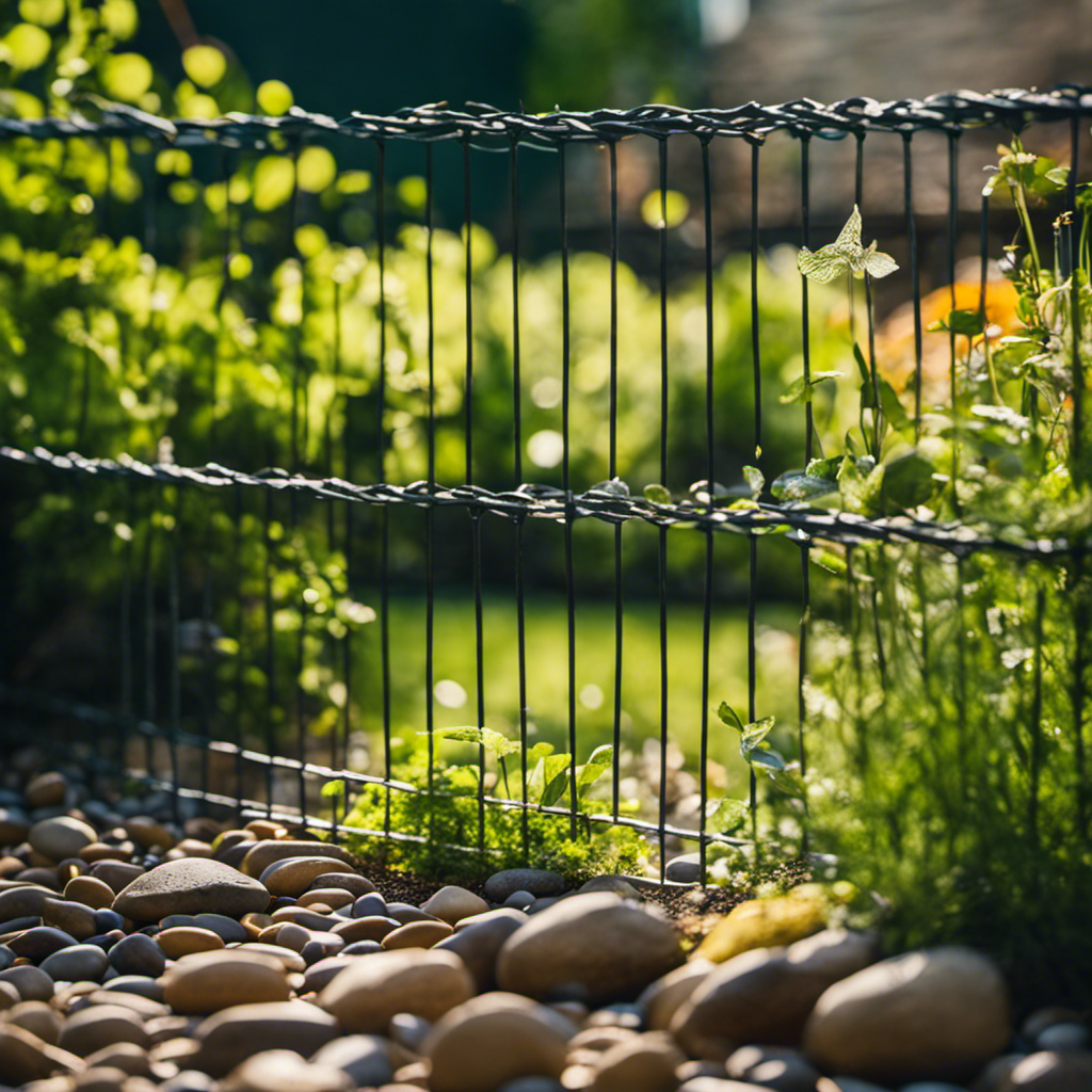 An image showcasing physical barriers for pest control in gardens: a sturdy wire mesh fence enveloping a lush garden bed, surrounded by a moat filled with water and lined with pebbles to deter unwanted critters