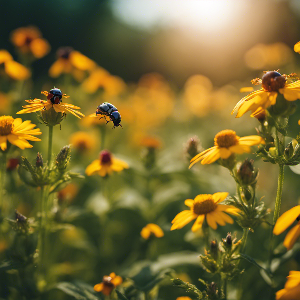 An image showcasing the harmony between nature and agriculture: a lush, sun-kissed farm landscape where ladybugs, hoverflies, and praying mantises gracefully coexist among vibrant flowers, protecting crops from pests