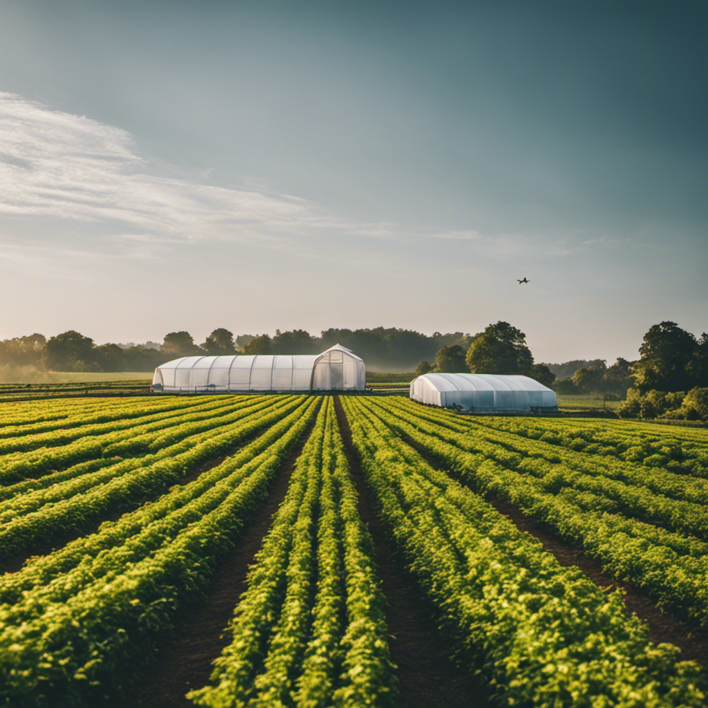 An image showcasing a picturesque farm landscape with neatly aligned rows of vibrant crops, surrounded by elegant physical barriers like insect netting, mesh fencing, and row covers, highlighting the beauty of eco-friendly pest control