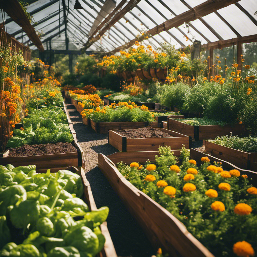 An image showcasing a diverse garden with raised beds, companion planting, and strategic crop rotation