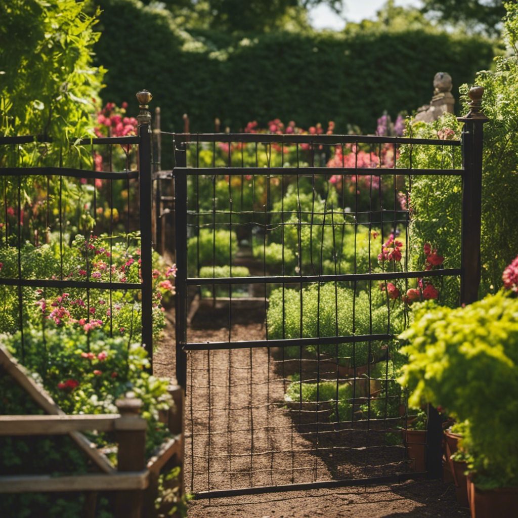 An image portraying a lush garden landscape surrounded by a variety of physical barriers like netting, fences, and row covers