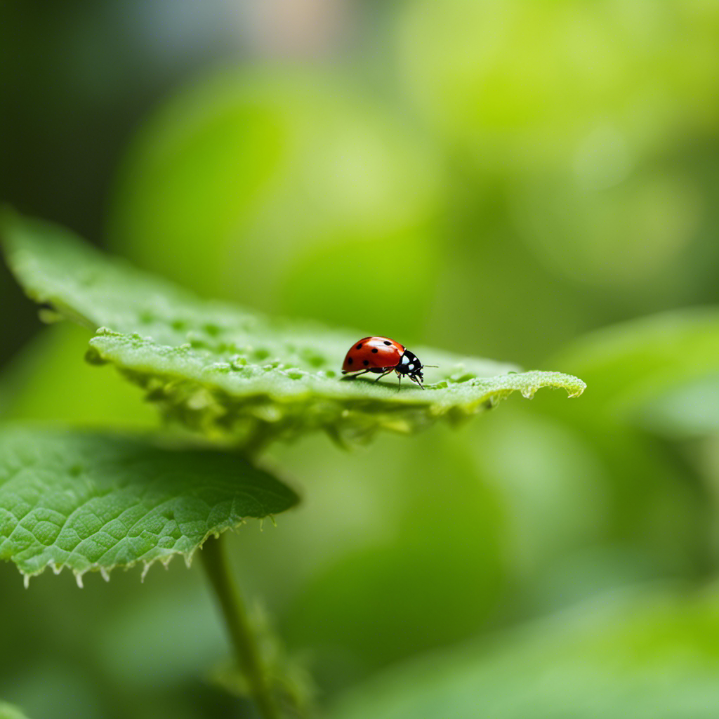 An image capturing a lush garden scene with ladybugs delicately perched on vibrant green leaves, while lacewings hover above, showcasing the diverse range of beneficial insects that can naturally eliminate garden pests