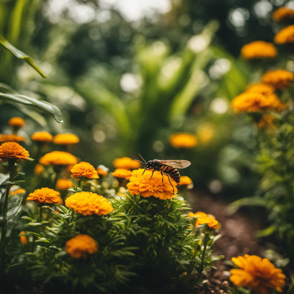 An image showcasing a lush garden scene with vibrant plants, accompanied by a variety of organic insect repellents such as neem oil, garlic spray, and marigold plants, emphasizing natural pest control methods