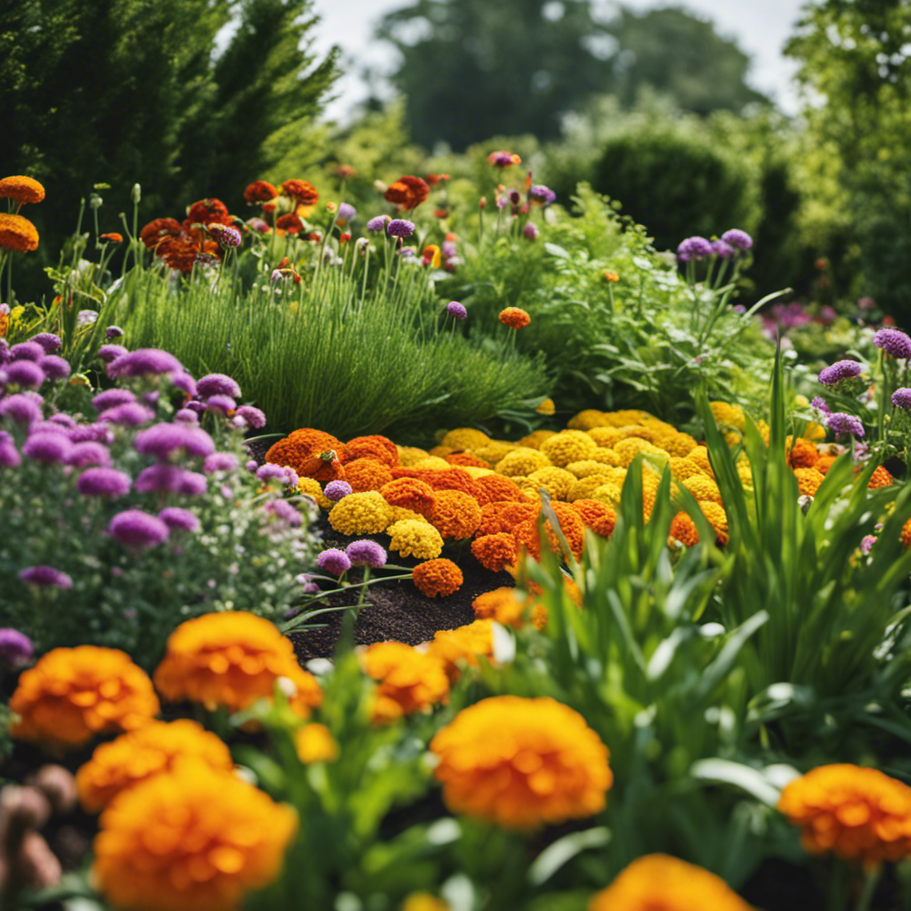 An image showcasing a vibrant garden bed with a variety of strategically planted companion plants, such as marigolds, basil, and chives, cleverly intermingling to naturally deter pests and promote a thriving, chemical-free ecosystem