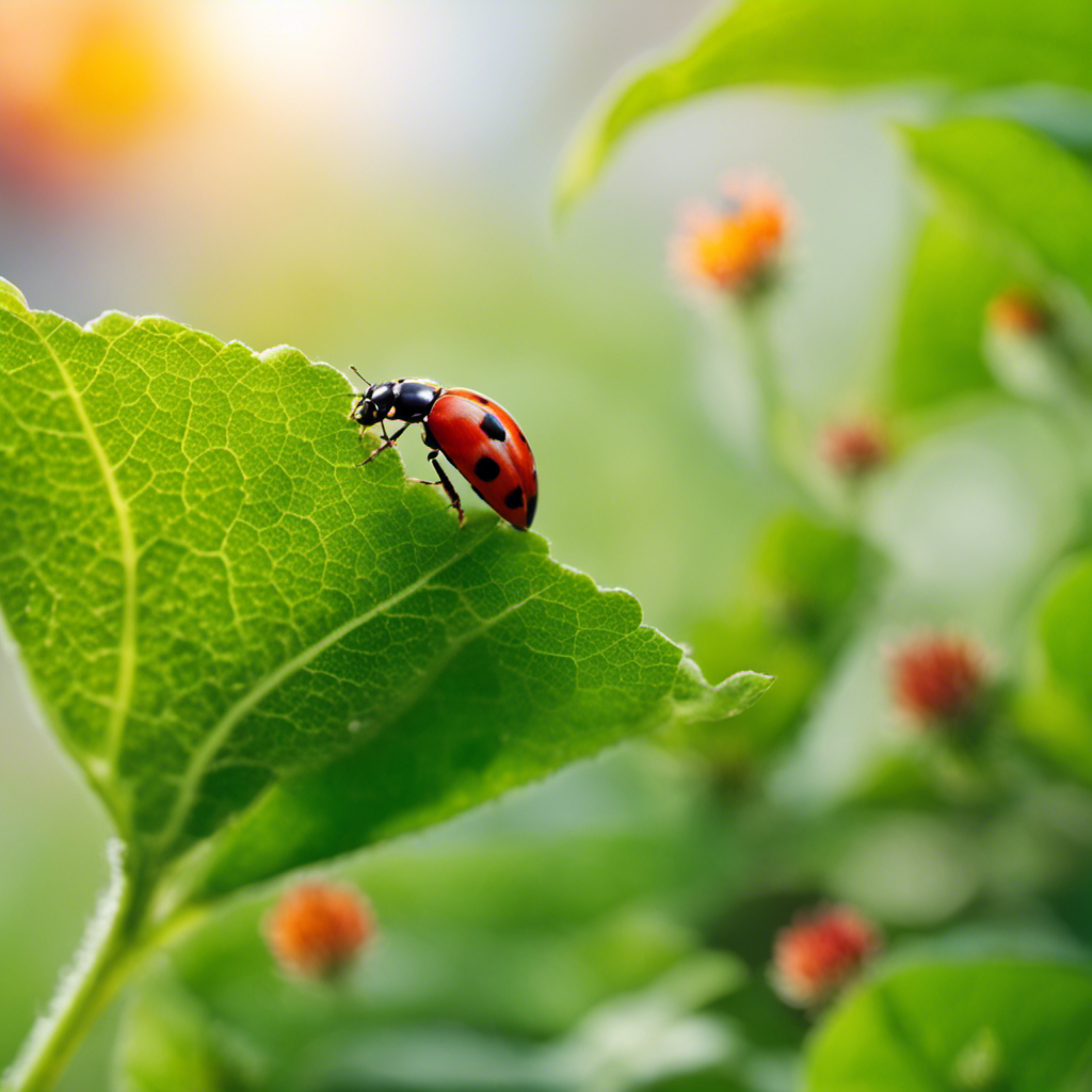 An image showcasing a lush green farm with ladybugs delicately perched on leaves, bees buzzing around vibrant flowers, and lacewings preying on harmful pests, illustrating the use of beneficial insects in environmentally friendly pest control