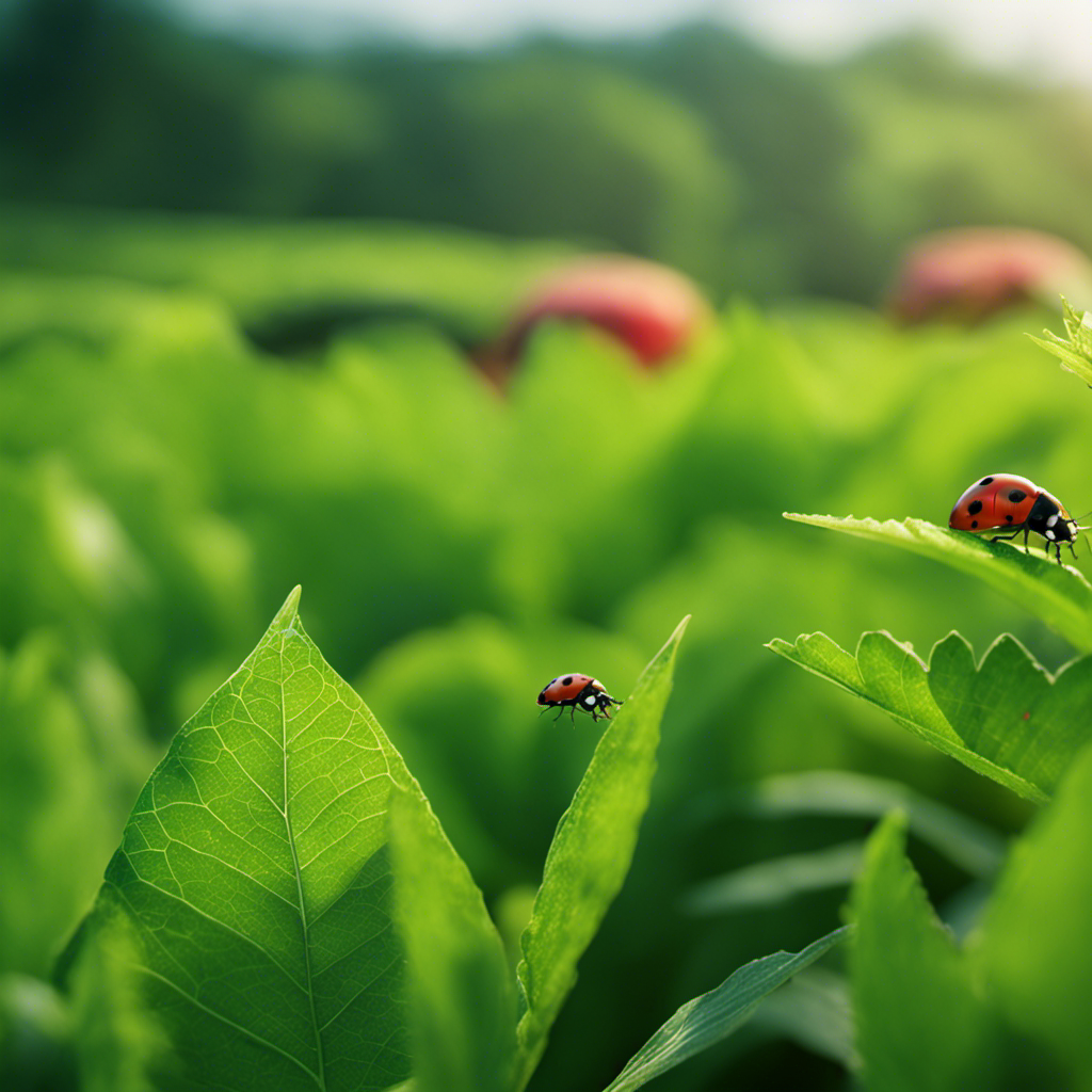 An image showcasing a lush green farm, with farmers using organic sprays made from neem oil and garlic to repel pests