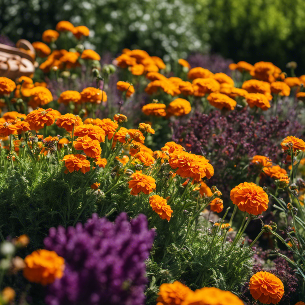 An image showcasing a lush garden bed with vibrant marigolds and fragrant lavender strategically placed among vegetables, attracting beneficial insects like ladybugs and repelling pests, to illustrate the power of companion planting in pest prevention