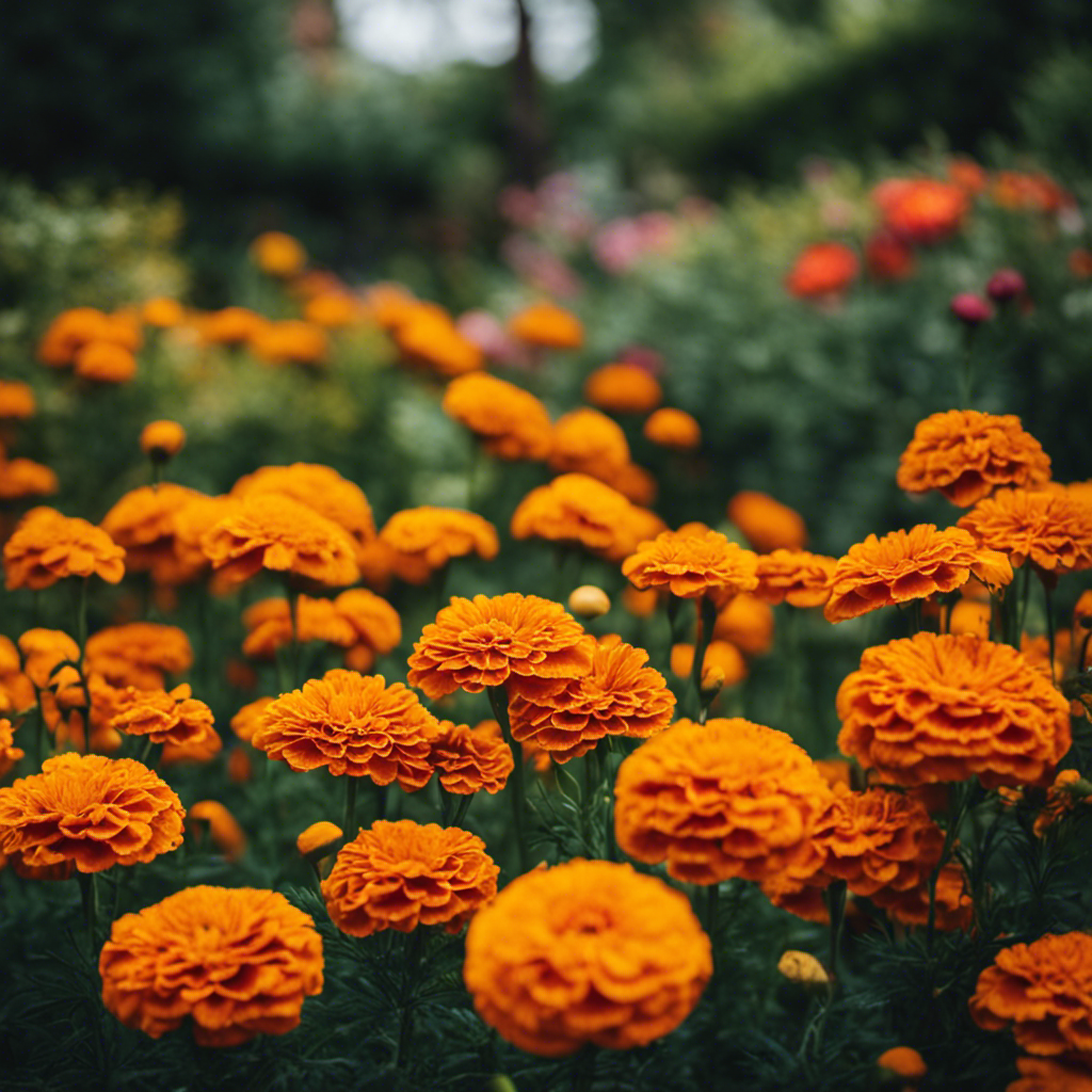 An image showcasing a lush garden with strategically placed marigold flowers, garlic cloves, and netting to deter pests