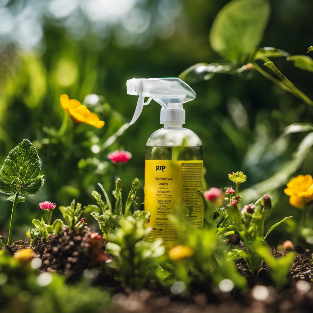 An image showcasing a garden scene, with a spray bottle filled with a homemade pest control solution prominently displayed