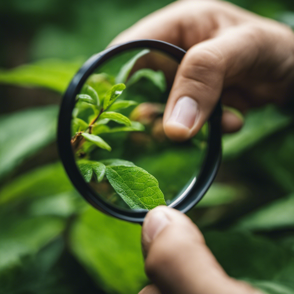 An image with a close-up view of a gardener's hand holding a magnifying glass, examining a leaf for tiny insects