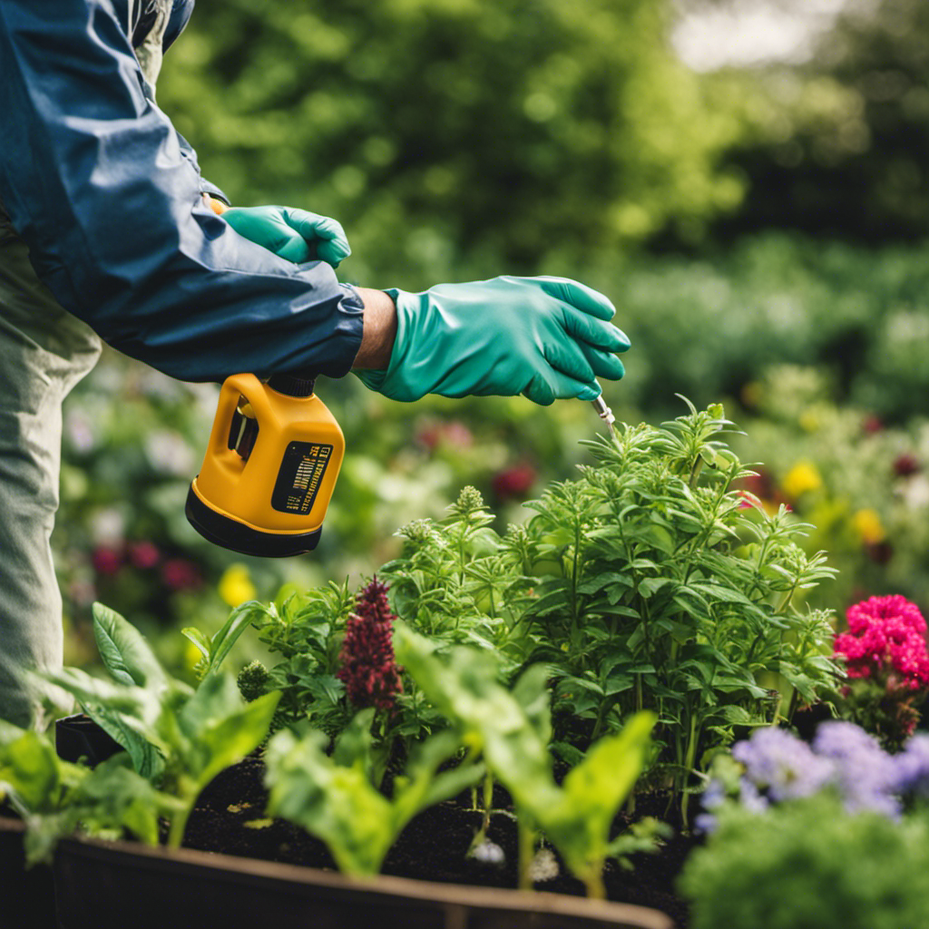 An image featuring a gardener wearing protective gloves and using organic sprays, traps, and companion planting techniques