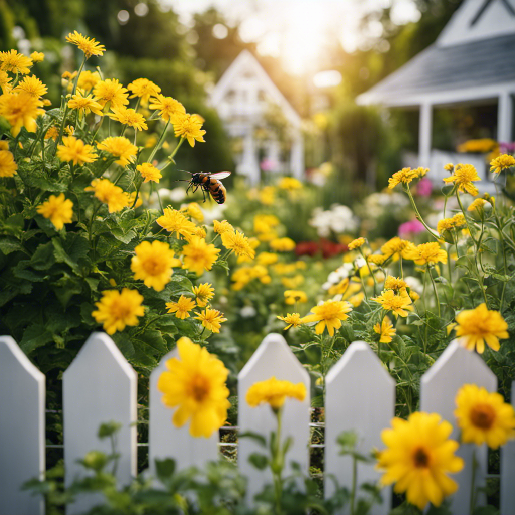 An image capturing a lush garden with a picturesque white picket fence, encircling vibrantly blooming flowers and vegetables