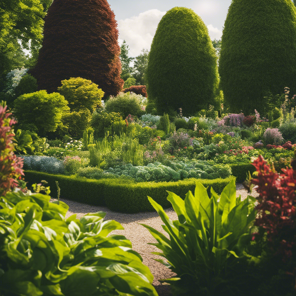 An image displaying a lush garden divided into sections, each with different crops