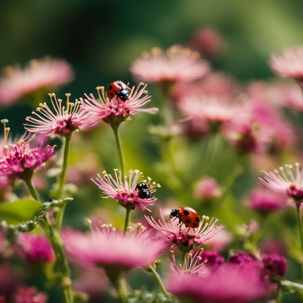 An image showcasing a flourishing garden scene with ladybugs, lacewings, and praying mantises strategically placed among vibrant flowers and lush greenery, highlighting the role of natural predators and beneficial insects in controlling garden pests