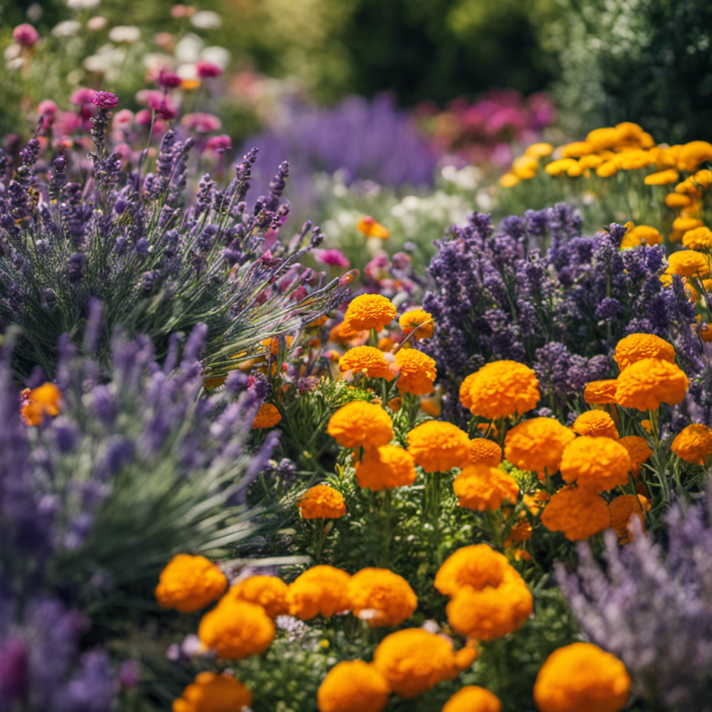 An image showcasing a vibrant garden bed with a variety of pest-repelling companion flowers and herbs, such as marigolds, lavender, and rosemary, intermingled with vegetable plants