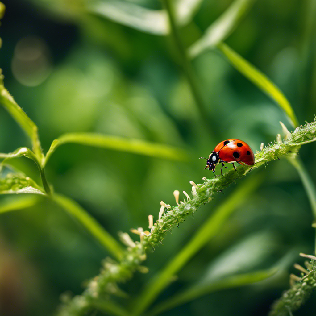 An image showcasing a lush, vibrant farm landscape teeming with ladybugs, lacewings, and praying mantises, diligently hunting and eliminating pests, ensuring a harmonious and eco-friendly pest control system