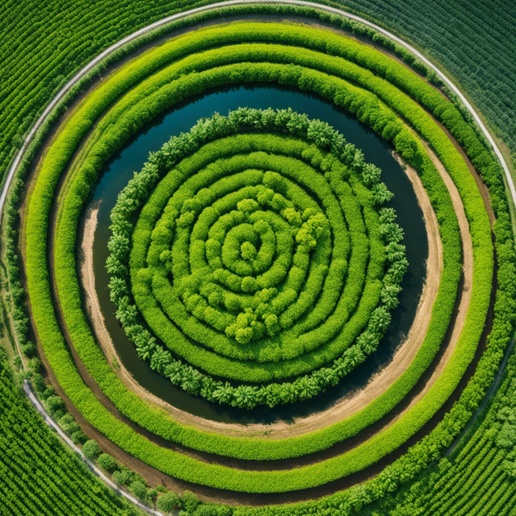 An image depicting a lush, thriving farm landscape with different crops arranged in a circular pattern