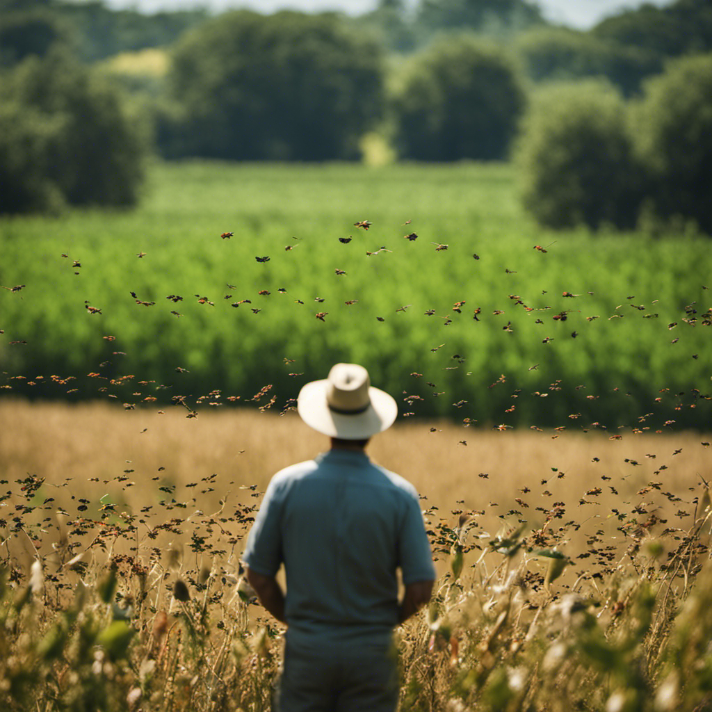 An image depicting a lush, vibrant farmland with strategically planted trap crops, surrounded by diverse species of insects