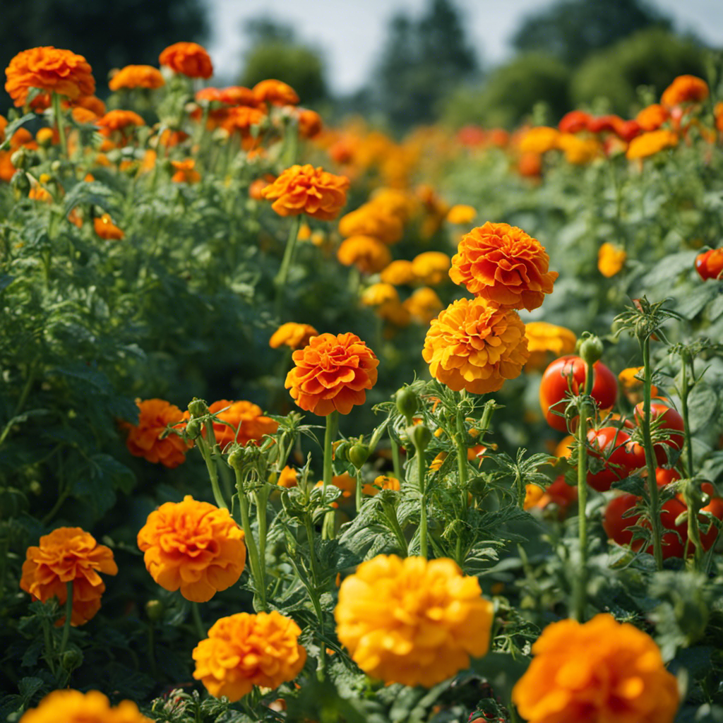 An image capturing the harmonious relationship between marigolds and tomatoes in a vibrant vegetable garden