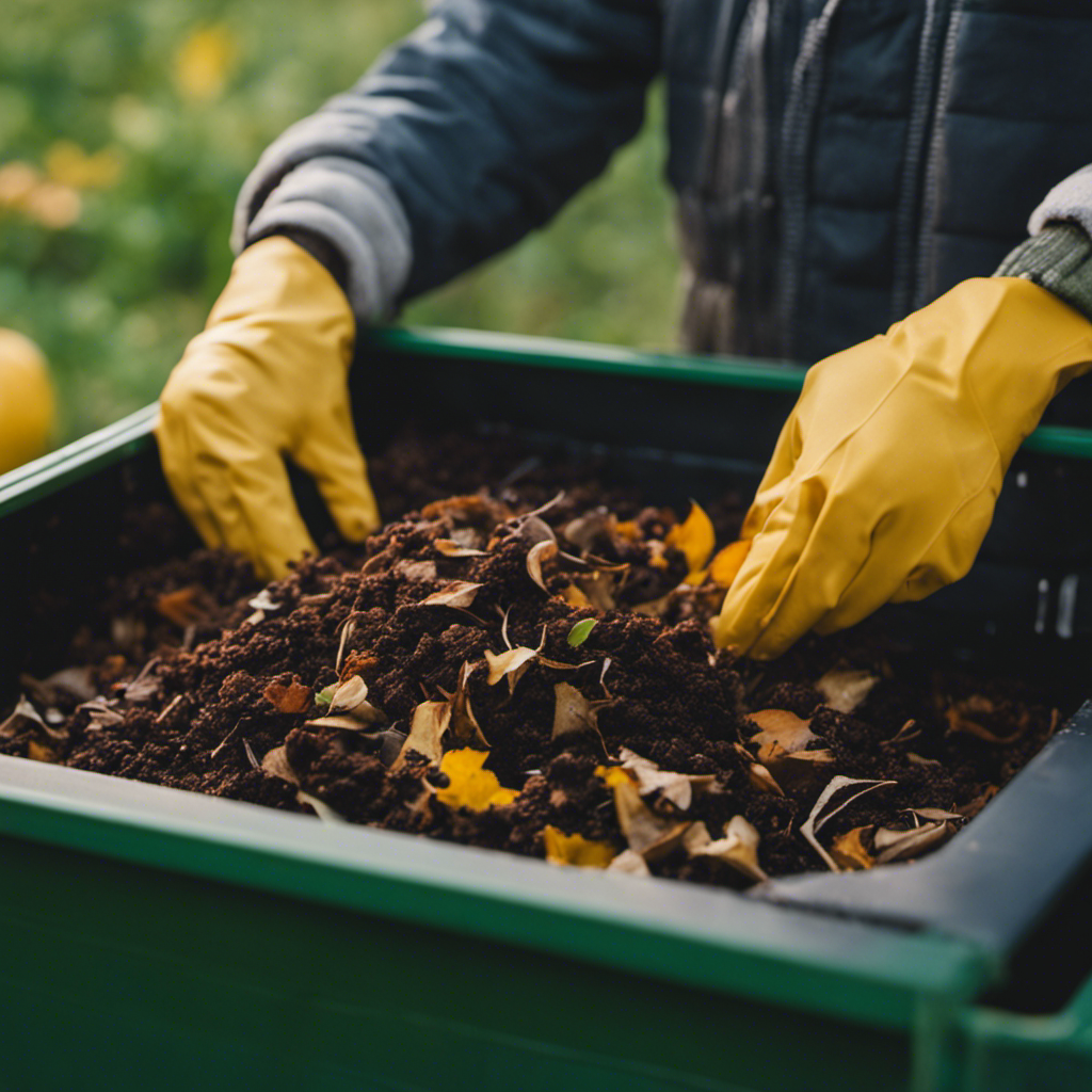 An image showcasing the step-by-step process of collecting and preparing organic waste for composting: hands clad in gardening gloves, gathering kitchen scraps, mixing them with dried leaves, and placing the mixture in a compost bin