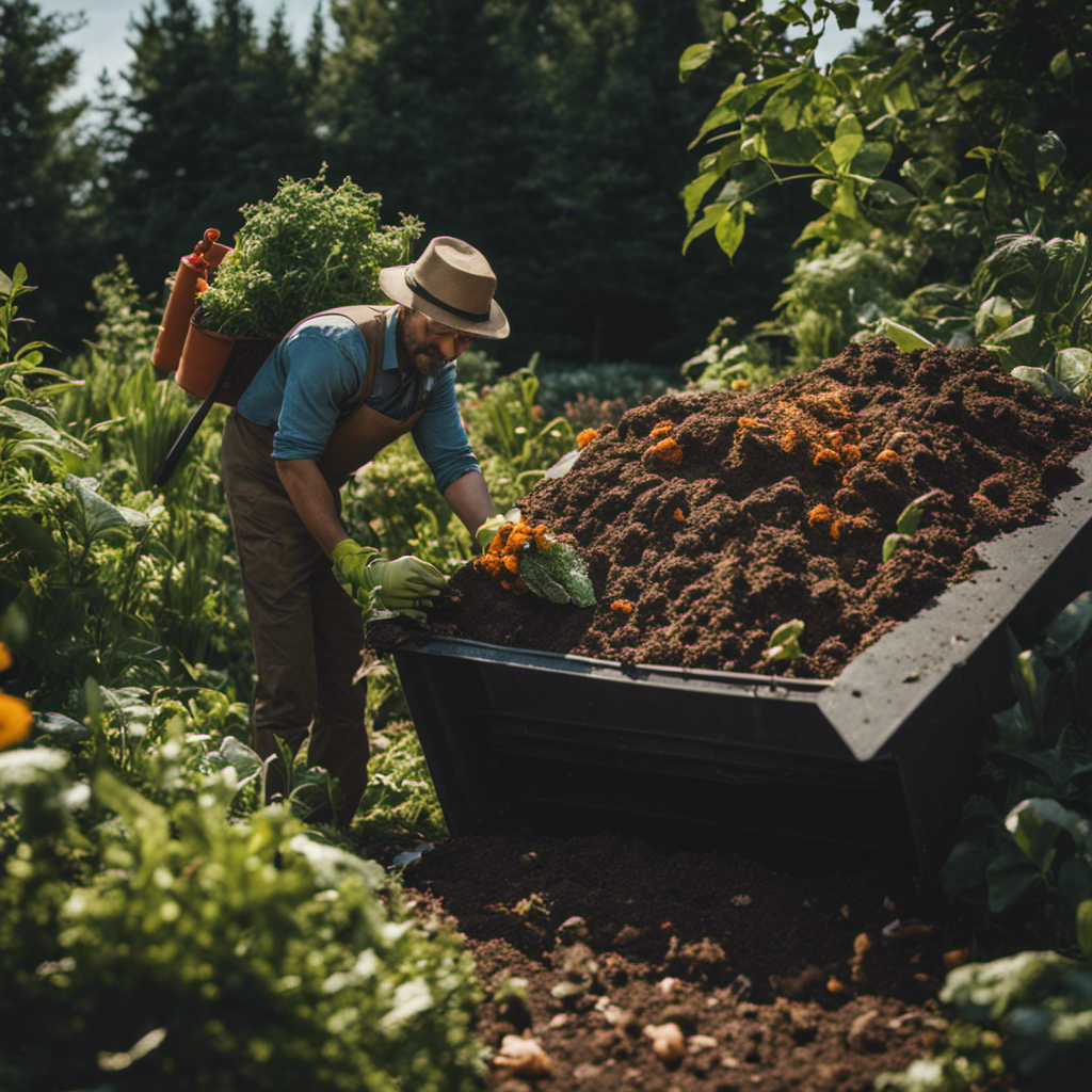 An image showcasing a gardener inspecting a compost heap, surrounded by wilting plants, pests, and foul odor