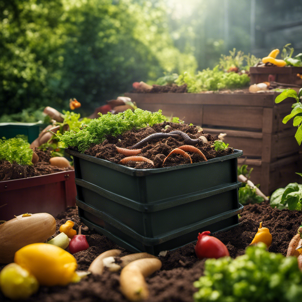 An image showcasing various composting methods, such as vermiculture, trench composting, and hot composting, represented by vivid illustrations of a worm bin, a garden bed with buried kitchen scraps, and a compost pile with steam rising from it