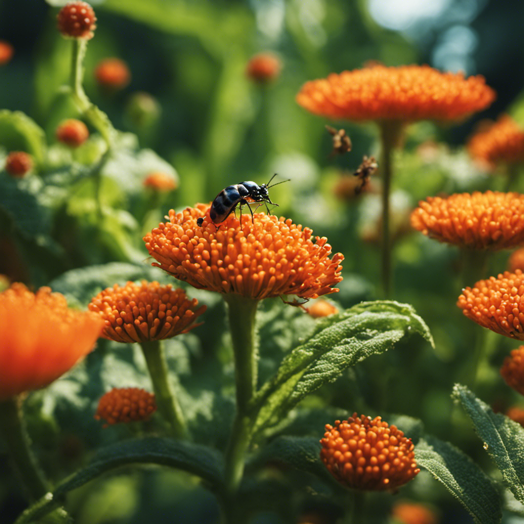 An image showcasing a lush, thriving edible garden surrounded by a diverse array of beneficial insects like ladybugs, lacewings, and praying mantises, actively controlling pests and enhancing plant growth