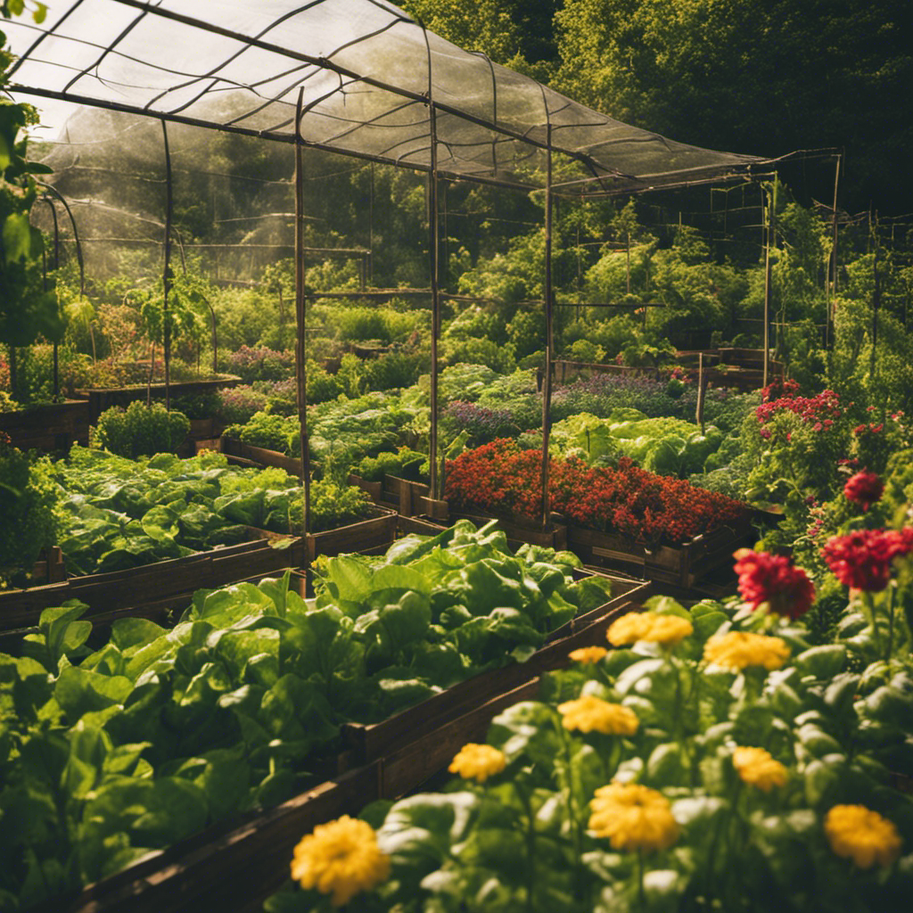 An image showcasing a lush, thriving edible garden enclosed by a sturdy transparent mesh fence