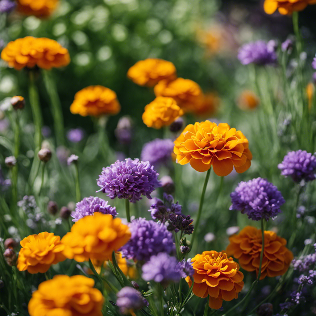 An image showcasing a vibrant and diverse edible garden with strategically paired plants, such as marigolds, lavender, and chives, repelling pests