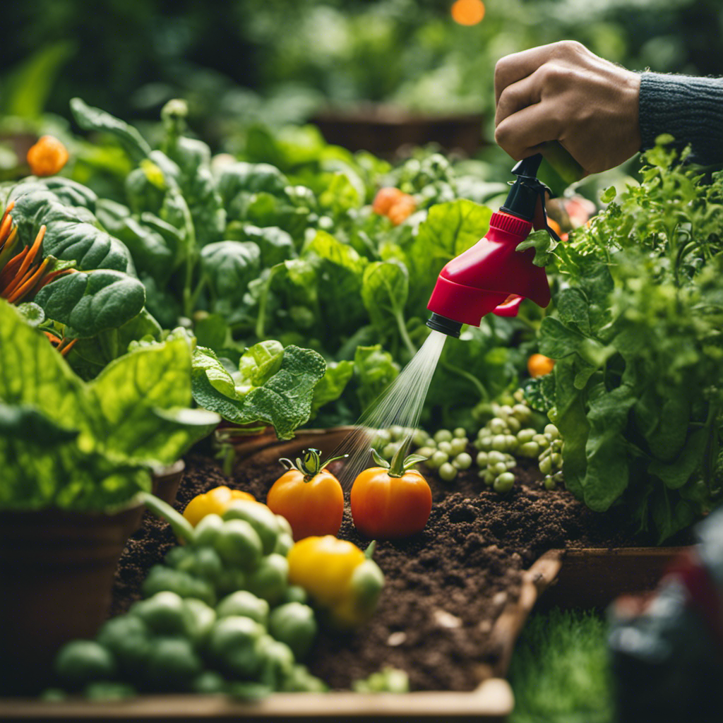 An image showcasing a lush, vibrant edible garden surrounded by DIY organic pest sprays