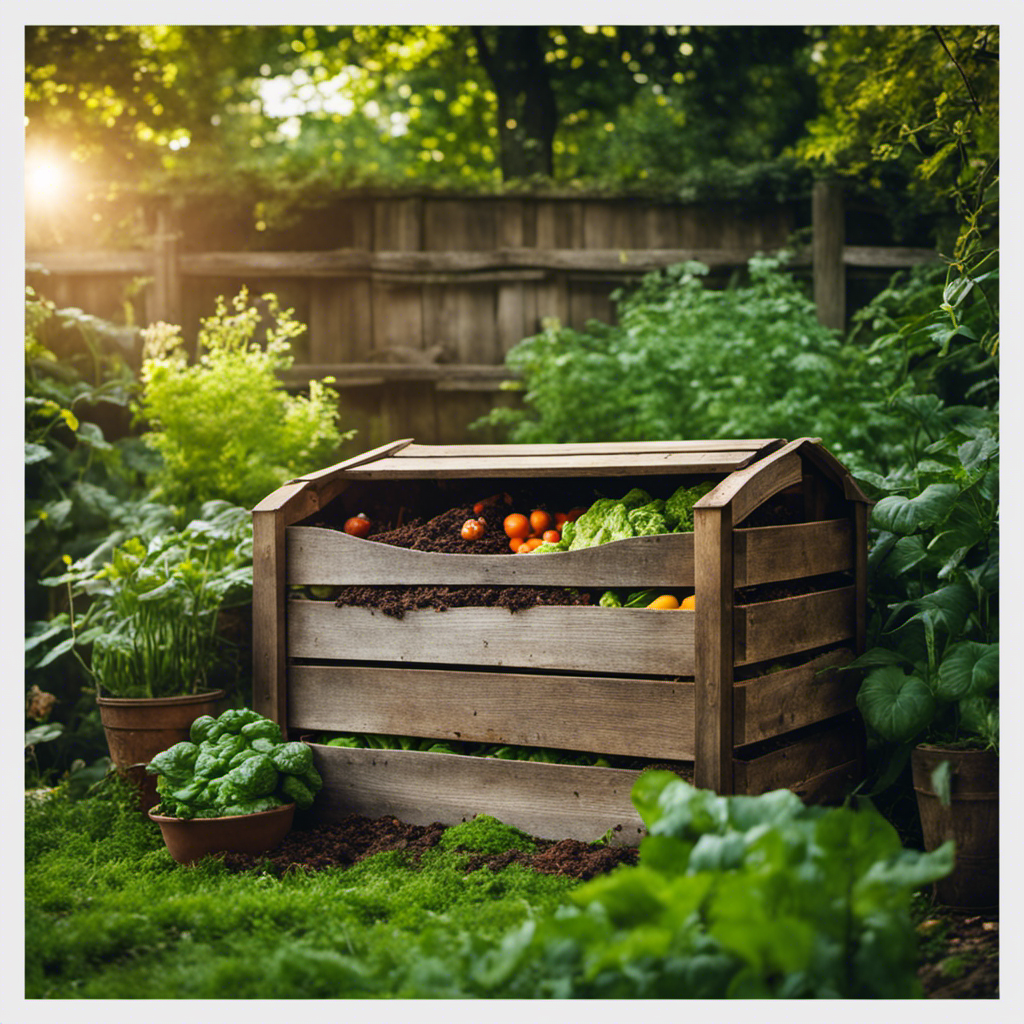 An image showcasing a rustic wooden compost bin nestled in a lush garden, brimming with vibrant organic vegetable scraps