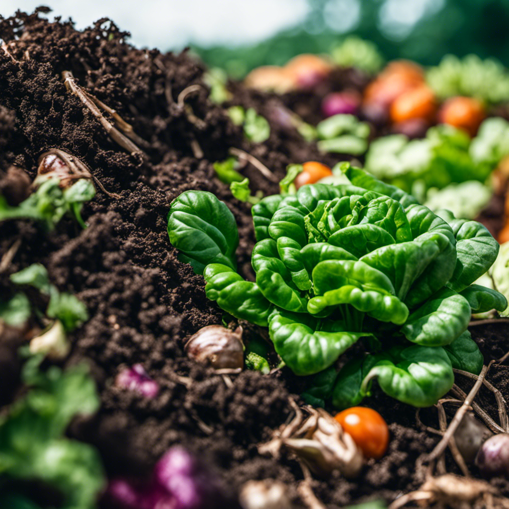 An image showcasing a well-ventilated compost pile teeming with vibrant green organic vegetables