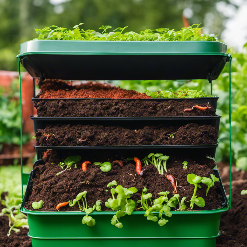 An image showcasing a thriving vermiculture system: a stackable worm bin filled with nutrient-rich organic waste, red wiggler worms diligently processing the compost, and vibrant green sprouts emerging from the nutrient-dense vermicompost