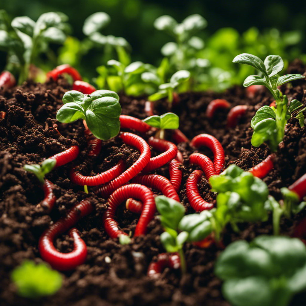 An image showcasing a vibrant vermicomposting system in action, with a diverse array of red wriggler worms diligently breaking down organic matter, surrounded by nutrient-rich soil and lush green plants thriving from this innovative composting technique