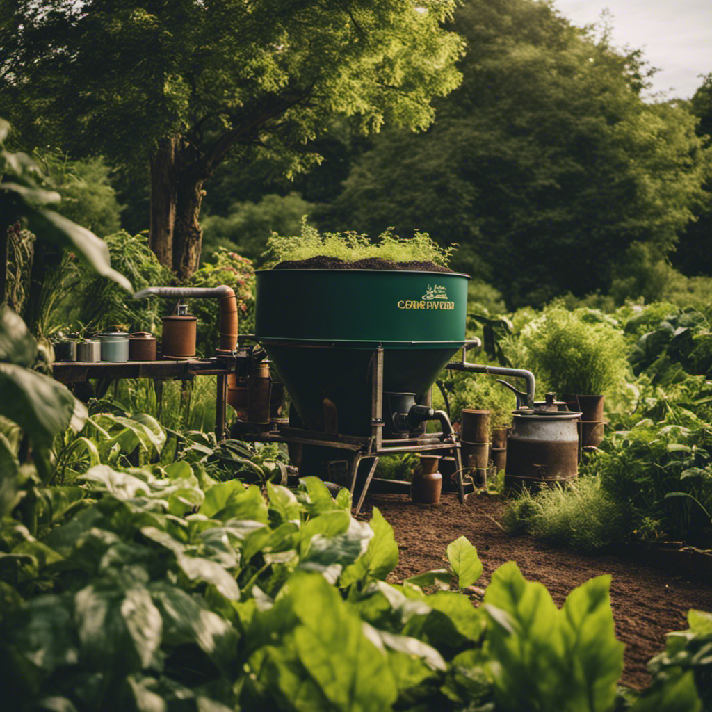 An image showcasing a lush organic farm, where a farmer carefully brews nutrient-rich compost tea, using a sophisticated aerated compost tea brewer, surrounded by vibrant plants and a thriving ecosystem