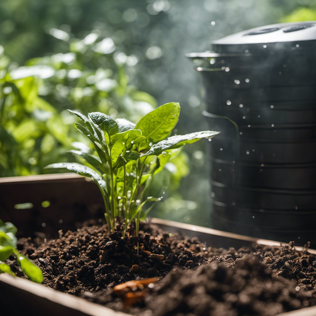 An image capturing a beginner-friendly organic compost system, with a thermometer embedded in the compost pile to highlight temperature control