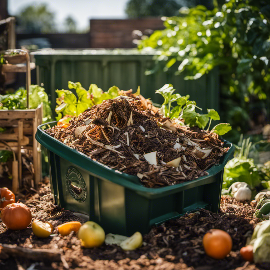 An image capturing the step-by-step process of layering kitchen scraps, yard waste, and shredded paper in a compost bin