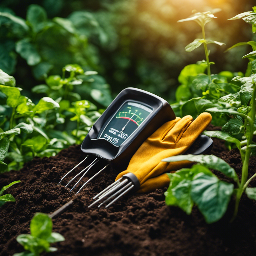 An image showcasing a pair of gardening gloves, a pitchfork, a compost thermometer, and a compost tumbler nestled amidst a lush backdrop of vibrant green plants, symbolizing the essential tools for organic composting