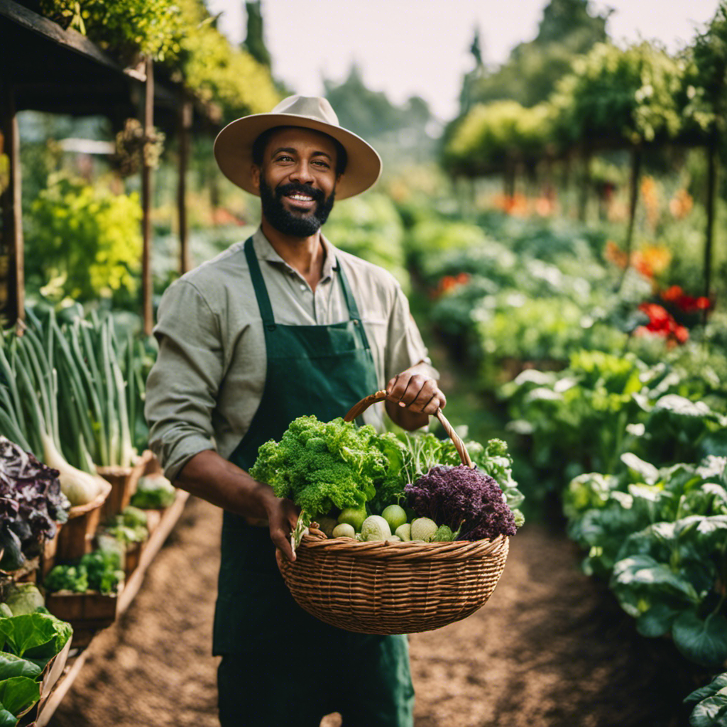  Create an image showcasing a gardener holding a thriving basket of vegetables, surrounded by vibrant plants that flourish within their specific zones, emphasizing the importance of knowing your plant zone for successful edible gardening