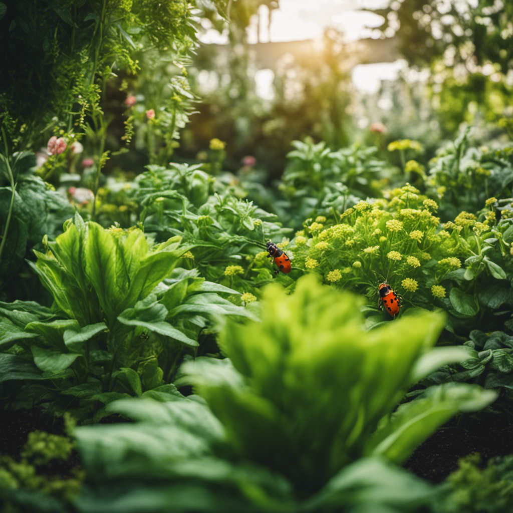 An image showcasing a lush, thriving green garden with various elements like companion planting, physical barriers, beneficial insects, crop rotation, and organic pesticides, highlighting effective Integrated Pest Management techniques