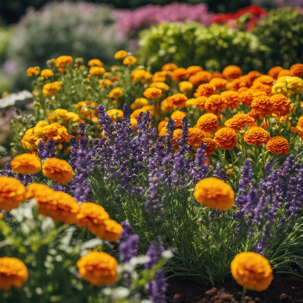 An image showcasing a vibrant garden bed with a diverse arrangement of pest-repelling companion plants like marigolds, lavender, and basil intermingled with vegetable crops, forming a harmonious and aesthetically pleasing ecosystem