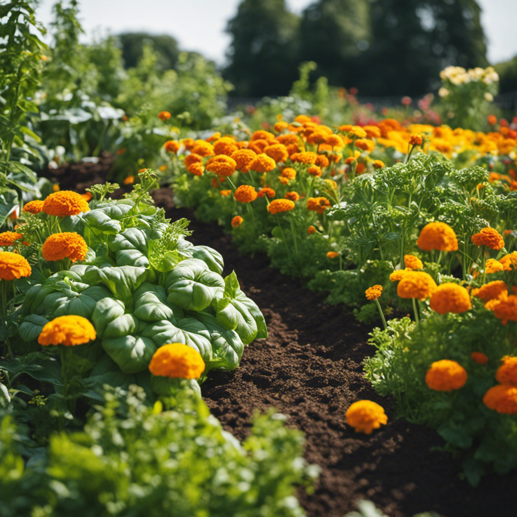 An image showcasing a thriving vegetable garden, with a variety of companion plants intermingled