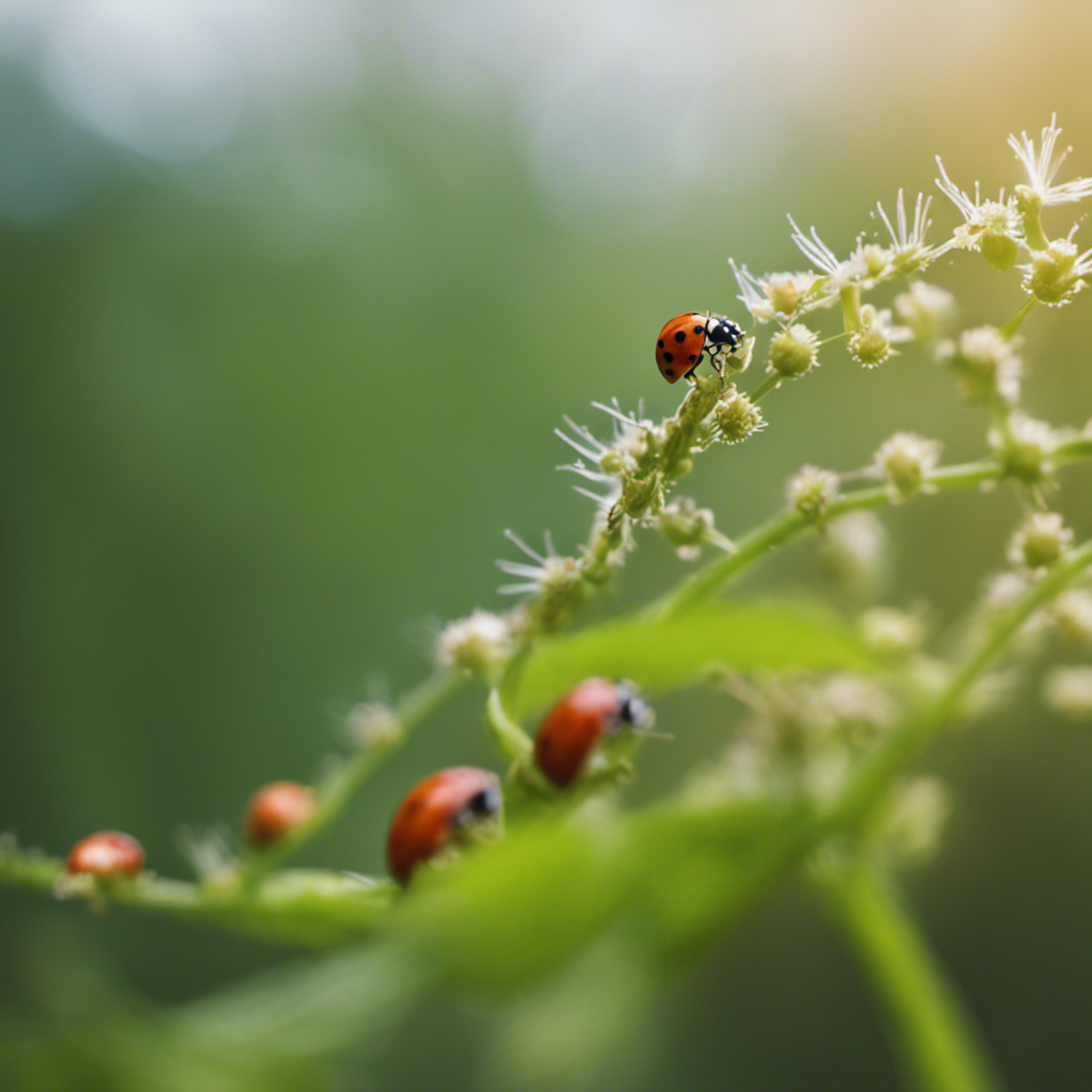 An image showcasing a lush garden teeming with ladybugs delicately feasting on aphids, while a spider weaves its intricate web nearby, demonstrating the power of biological controls in warding off pests naturally