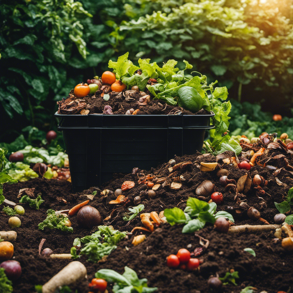 An image showcasing a thriving compost pile or bin in a lush organic garden