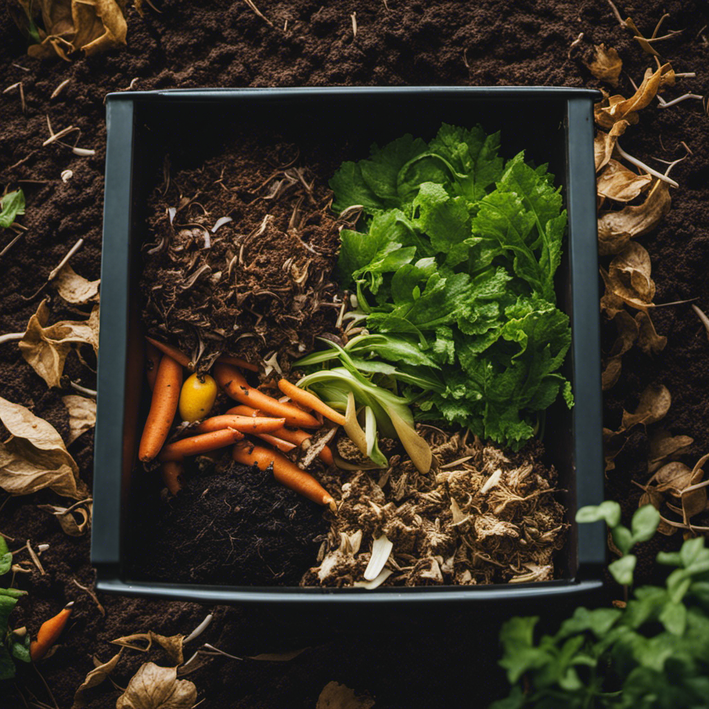 An image showcasing a variety of essential composting materials, including kitchen scraps, shredded leaves, grass clippings, and twigs, arranged in layers within a compost bin, ready to decompose and enrich your organic oasis