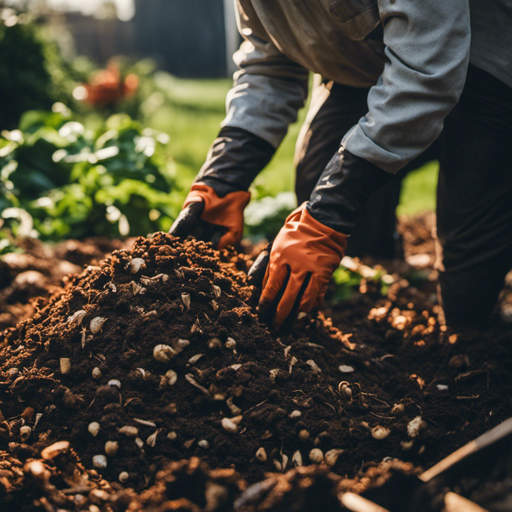 An image showcasing a gardener wearing gloves and examining a compost pile, surrounded by a variety of common composting issues like foul odors, pests, and sluggish decomposition